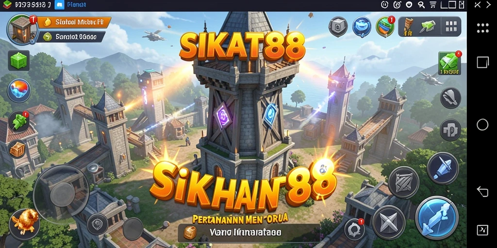 Tampilan gameplay SIKAT88 yang mendebarkan dengan menara dan musuh.